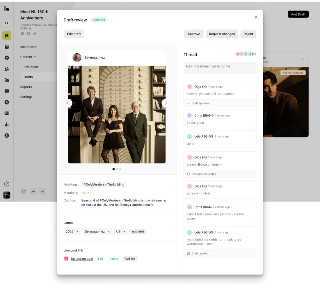 Content approval interface with a review thread
