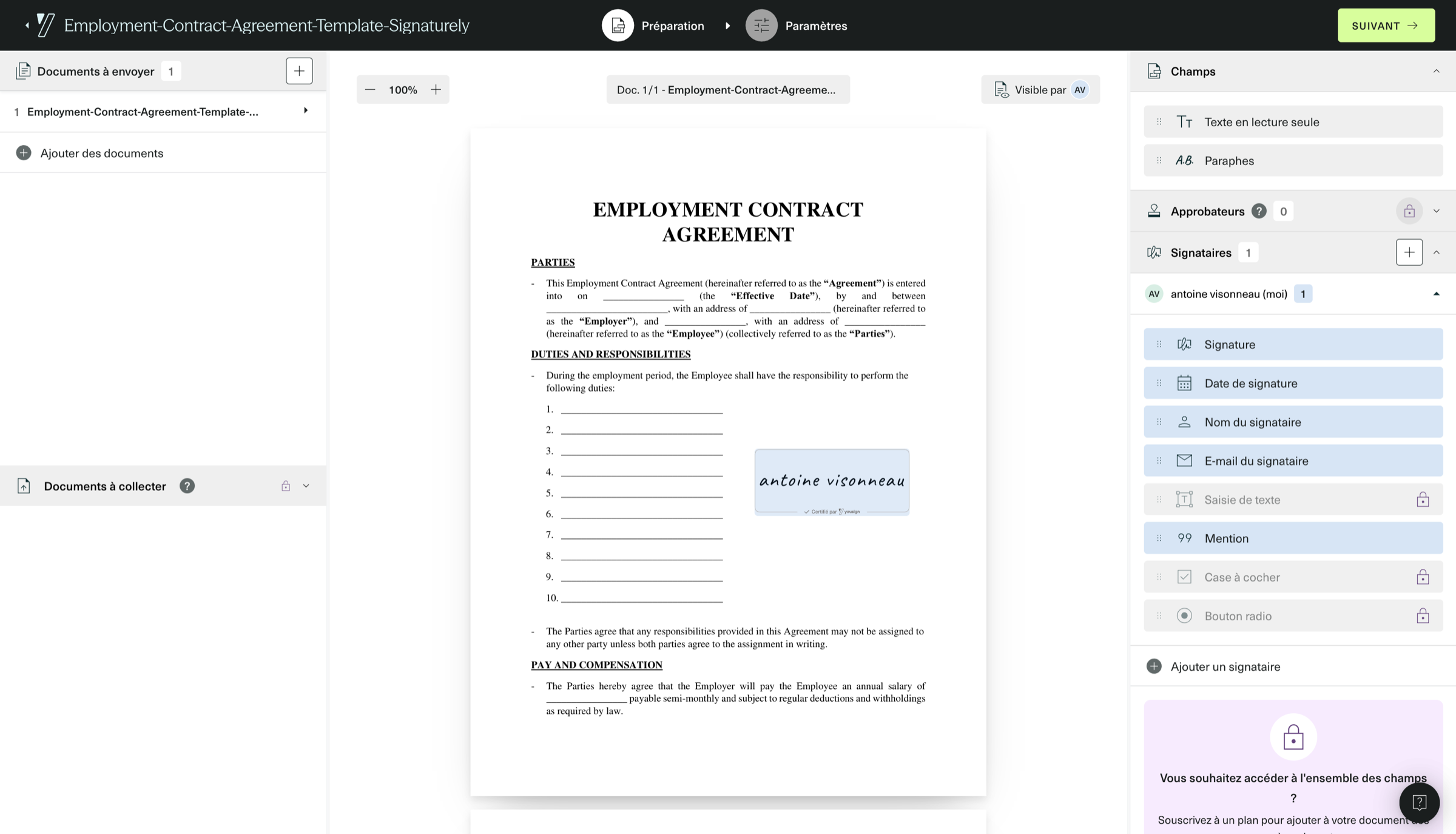 Signature form fields interface